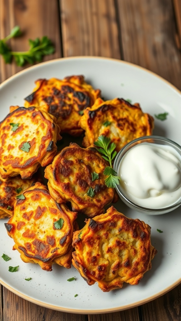 Baked Vegetable Fritters Recipe Baked vegetable fritters on a plate with yogurt dip and herbs.